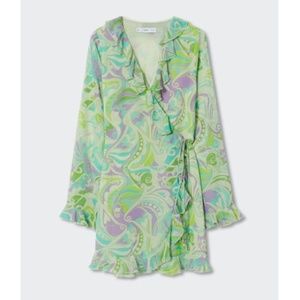 Mango Ruffled Abstract Paisley Dress Green NEW Size 4 US 6 US Bolero